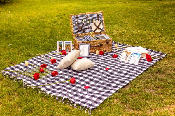 An elegant proposal picnic setup featuring plush cushions, fresh flowers, and a romantic backdrop in London.
