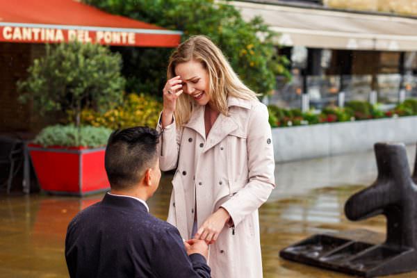 A surprise marriage proposal on the banks of the River Thames with the historic Tower Bridge framing the background.