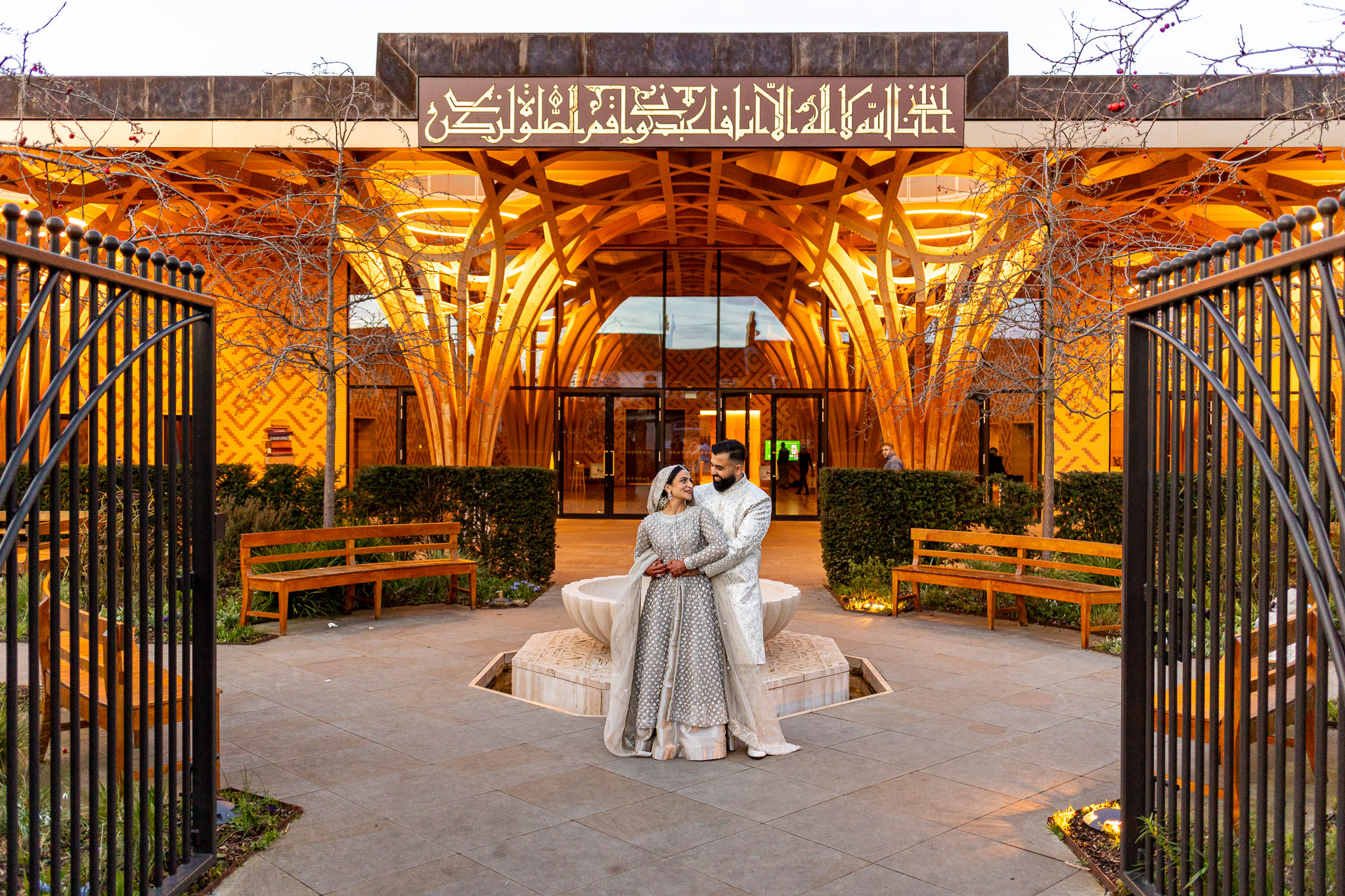 Married Couple Posing in front of the Cambridge Central Mosque after their Nikkah Wedding Ceremony
