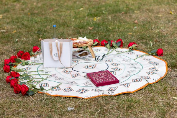 A beautifully styled picnic layout in Hyde Park, featuring a classic book and a stunning bouquet of roses arranged for a surprise marriage proposal.
